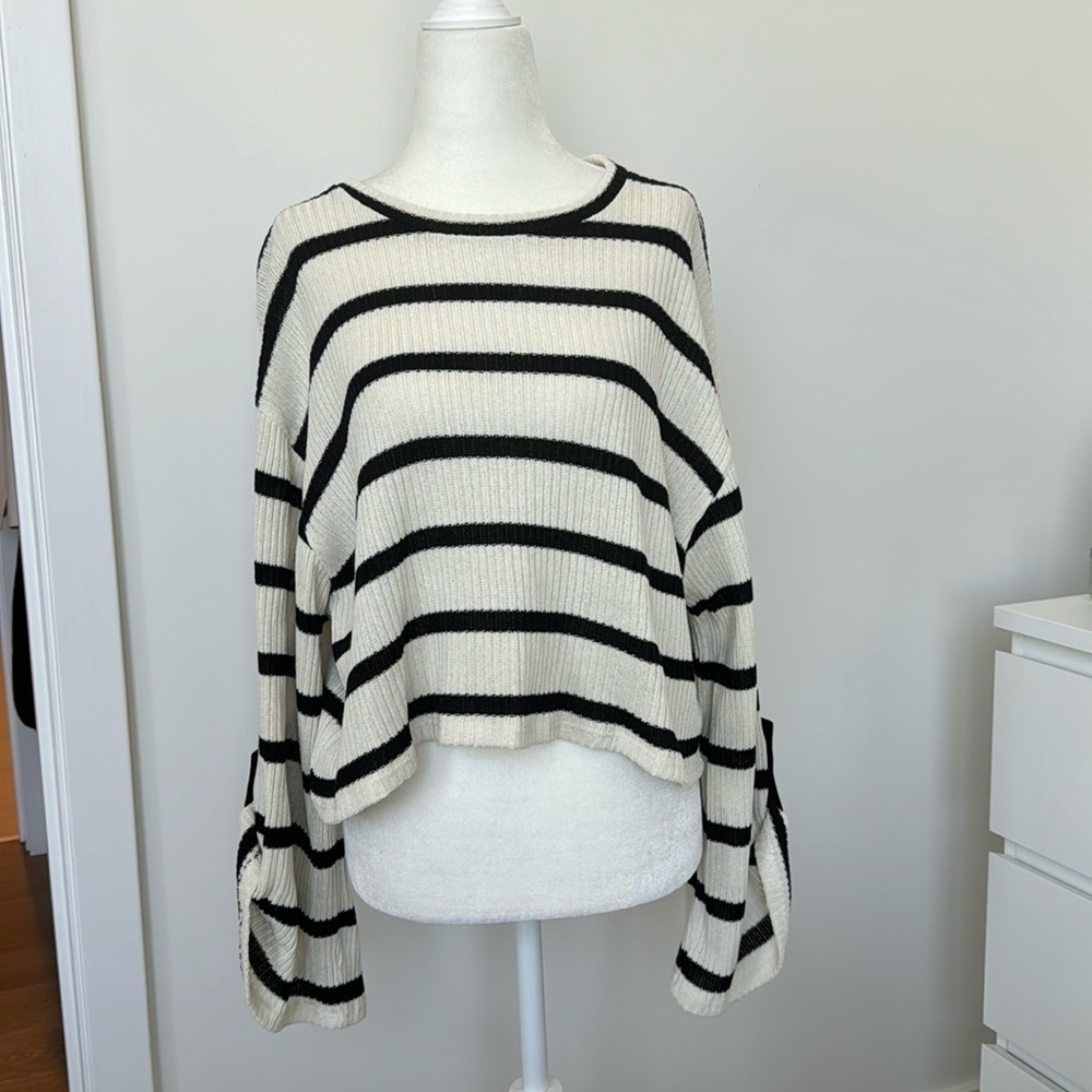 Zara Cream and Black Stripe Sweater Large